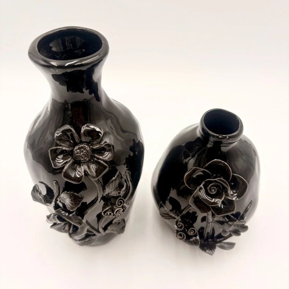 Potters Studio Halloween Black Ceramic Floral Bud Vase Set 2 Piece 3D Rose Decor